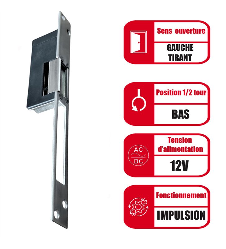 Gache électrique à encastrer 99 mm 12V gauche tirant à émission Beugnot WP 1000