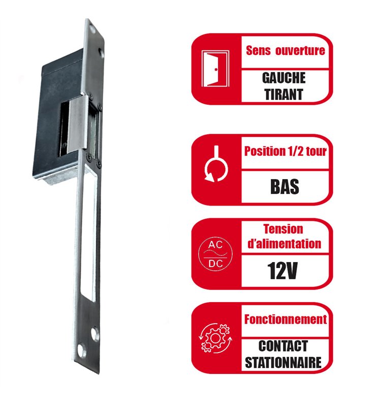 Gache électrique à encastrer 99 mm 12V gauche tirant contact stationnaire Beugnot WP 1000