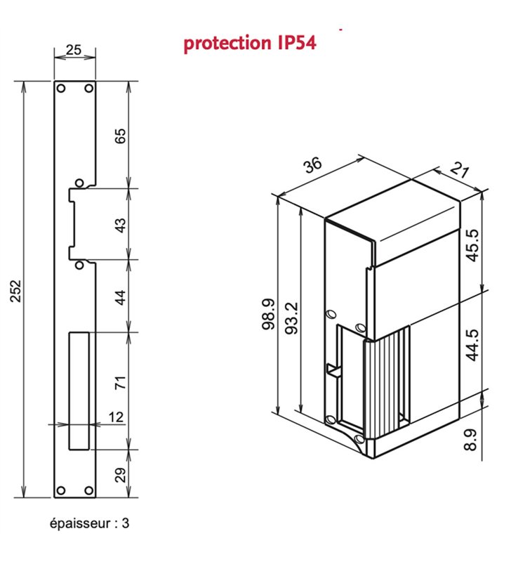 Gache électrique à encastrer 99 mm 12V gauche tirant contact stationnaire Beugnot WP 1000