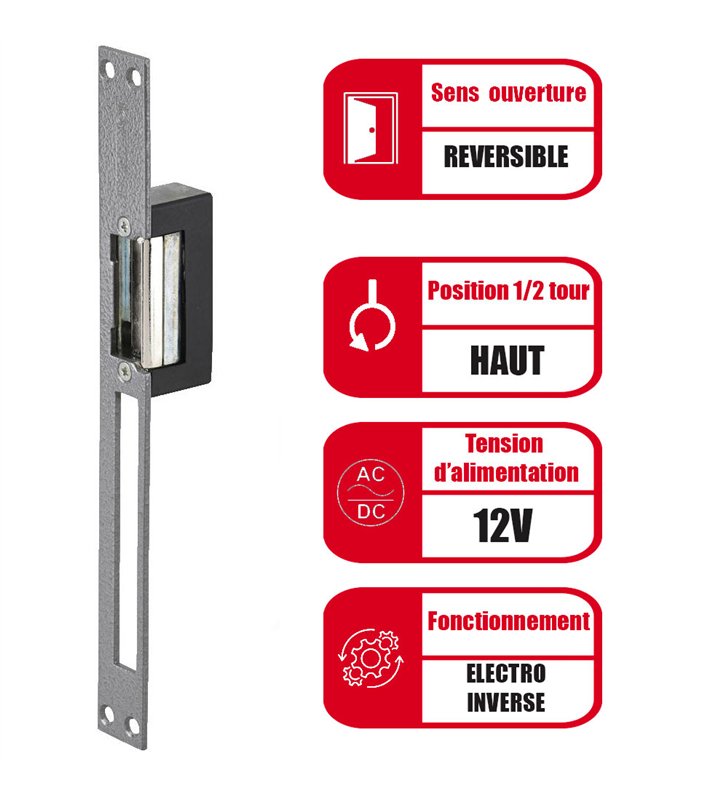 Gache électrique en applique électro inversé 12V serrure verticale 89 mm réversible Beugnot NIE
