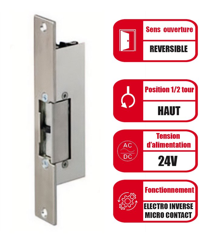 Gache électrique à encastrer 24V réversible 107 mm electro inversé et micro contact Beugnot 500