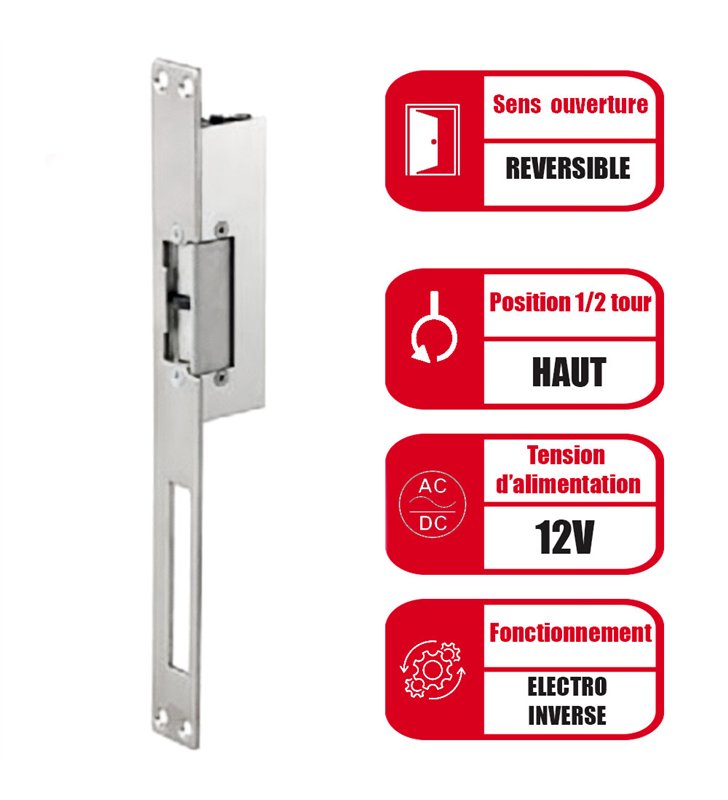 Gache électrique à encastrer renforcée 12V réversible 107 mm electro inversé Beugnot 500