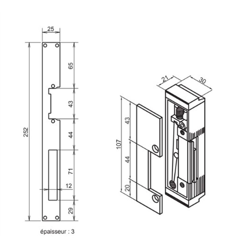 Gache électrique à encastrer renforcée 12V réversible 107 mm electro inversé Beugnot 500