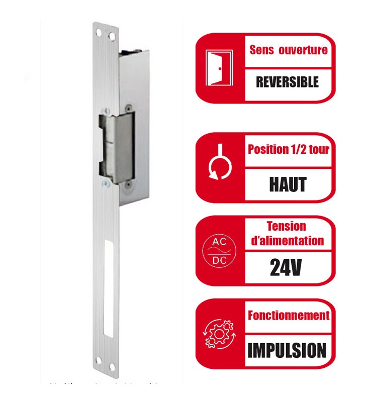Gache électrique à encastrer renforcée 24V réversible 107 mm à émission Beugnot 500
