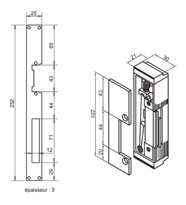Gache électrique à encastrer renforcée 24V réversible 107 mm à émission Beugnot 500