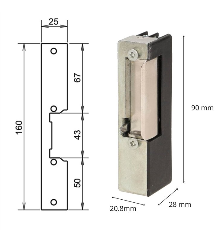 Gache éléctrique à émission et tetière 12 V serrure verticale 88 mm portes droite Beugnot A