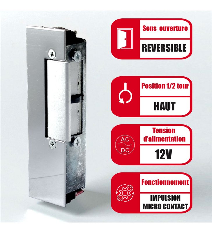 Gache électrique à émission et micro contact 12V 107 mm Beugnot 500 à encastrer réversible