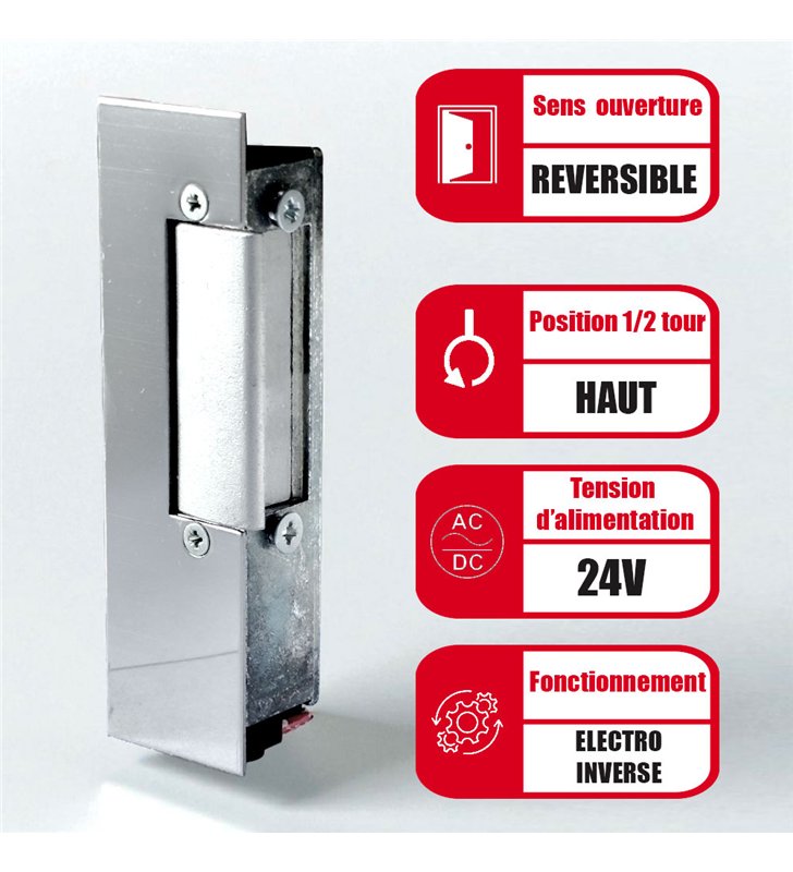 Gache électrique à encastrer réversible électro inversé à tetière Beugnot 500 24V CC 107 mm