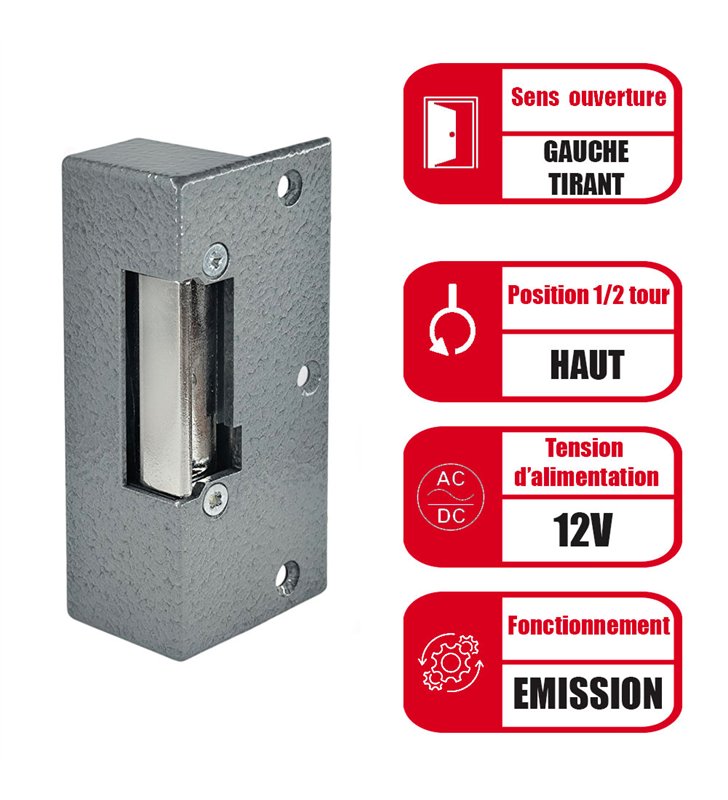 Gache électrique en applique 100 mm 12V à émission serrure verticale gauche tirant Beugnot 204