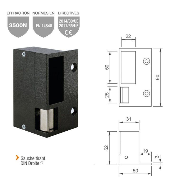 Gache électrique en applique contact stationnaire Beugnot 90 mm 24V gauche serrure horizontale