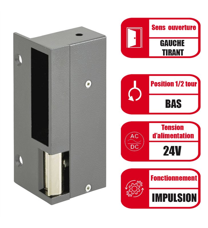 Gache électrique en applique à émission Beugnot 120 mm 24V gauche tirant pour serrure verticale