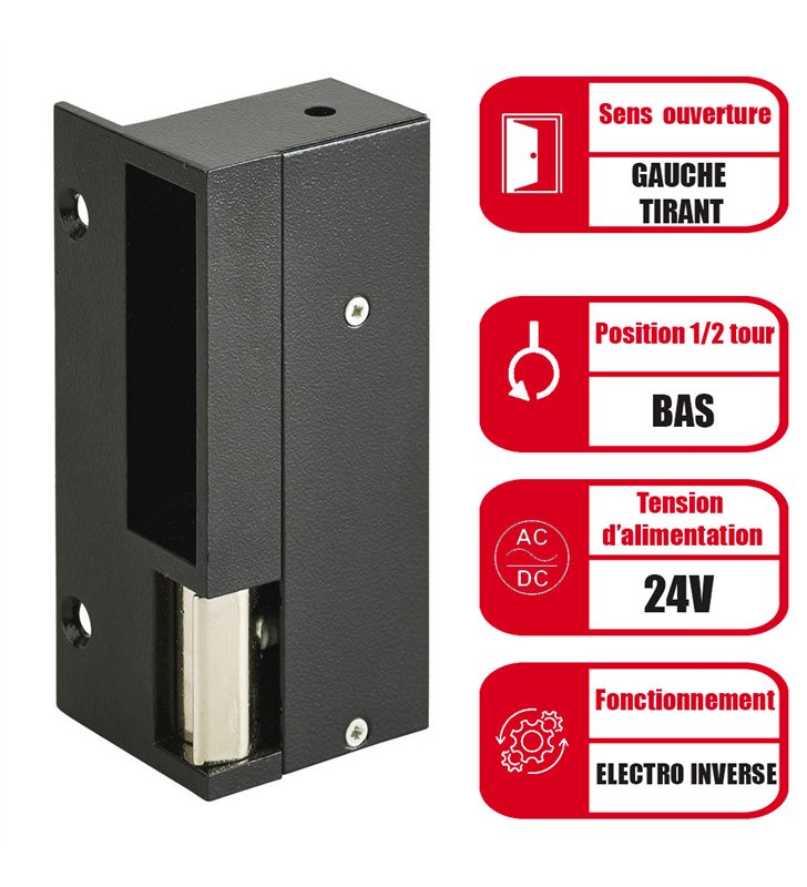 Gache électrique en applique Beugnot 120 mm 24V électro inversé gauche tirant serrure verticale
