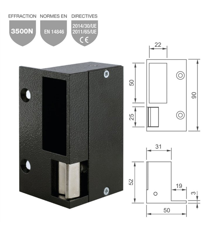 Gache électrique en applique Beugnot 120 mm 24V électro inversé gauche tirant serrure verticale