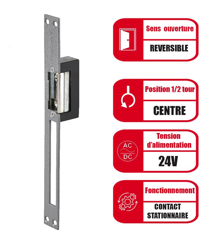 Gache électrique réversible à encastrer 69 mm 24V contact stationnaire Beugnot C