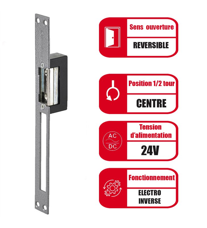 Gache électrique réversible double empenage 24V AC/DC Beugnot C électro inversé 69 mm