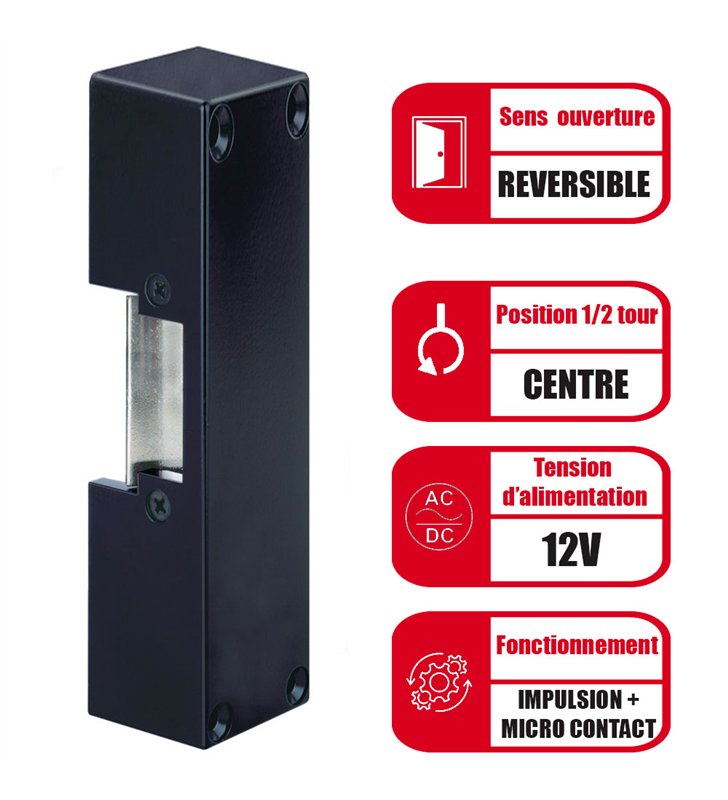Gache électrique en applique réversible 12V AC/DC 160 mm serrure anti-panique Beugnot P