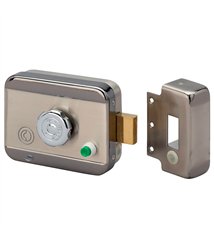 Serrure électrique motorisée en applique pene dormant cylindre rond réversible 12V DOM CE105
