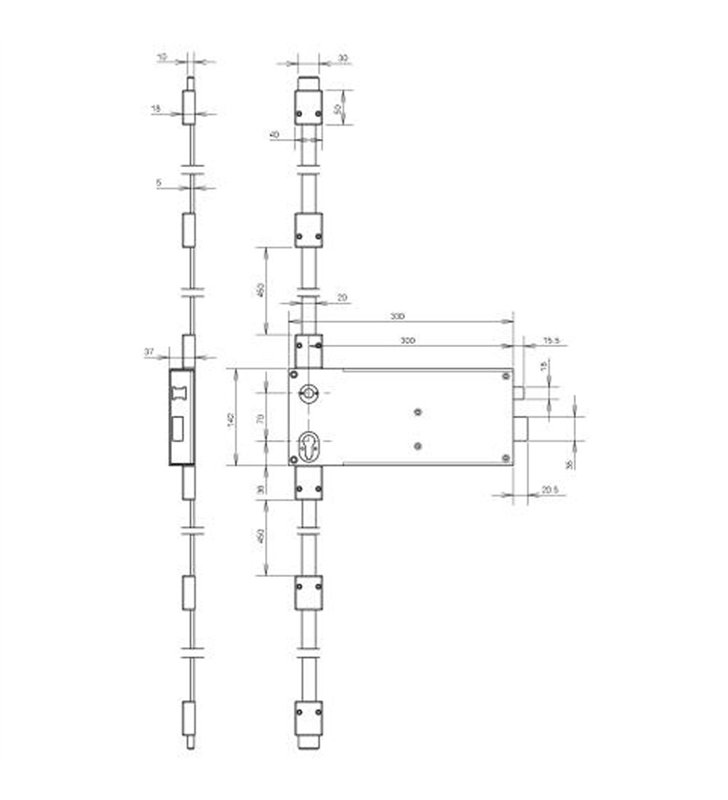 Serrure en applique verticale Gauche à fouillot blanc DOM axe 300mm 3 points accessibilité PMR