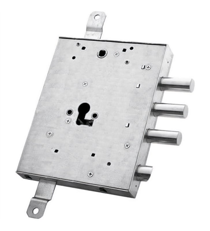 Serrure en applique droite DOM axe 61mm porte d'entrée 3 points coffre acier