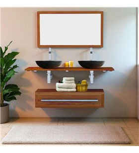 Ensemble meuble tiroir vasques et miroir salle de bain Eleganzia 130 cm en bois teck naturel