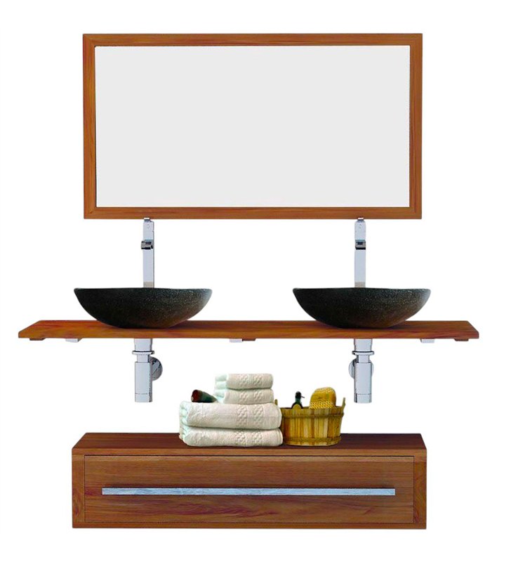 Ensemble meuble tiroir vasques et miroir salle de bain Eleganzia 130 cm en bois teck naturel
