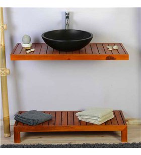 Ensemble meuble vasque miroir et banc japonais salle de bain Gempo 100 cm en bois teck naturel