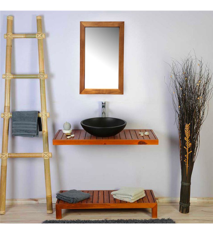 Ensemble meuble vasque miroir et banc japonais salle de bain Gempo 100 cm en bois teck naturel