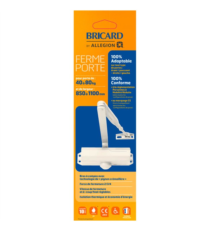 Ferme-porte Bricard Blanc bras compas fermeture automatique jusqu’à 60 kg Force 3