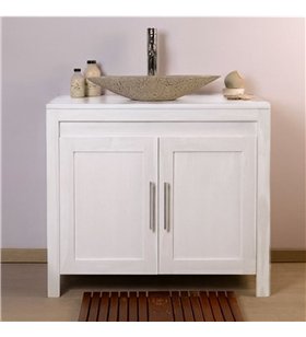 Ensemble Meuble de salle de bain en bois teck blanc 90 cm avec vasque à poser