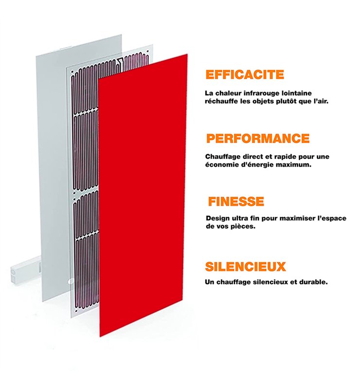 Radiateur electrique mural rayonnant extra plat 750W en verre rouge