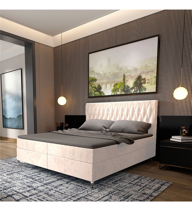Lit Coffre KINGSTON 160x200 cm Velours Beige avec Tete de Lit – Matelas Inclus et Rangement Integre