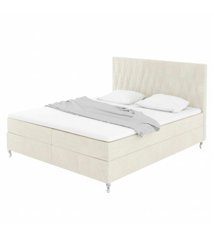 Lit Coffre KINGSTON 160x200 cm Velours Beige avec Tete de Lit – Matelas Inclus et Rangement Integre