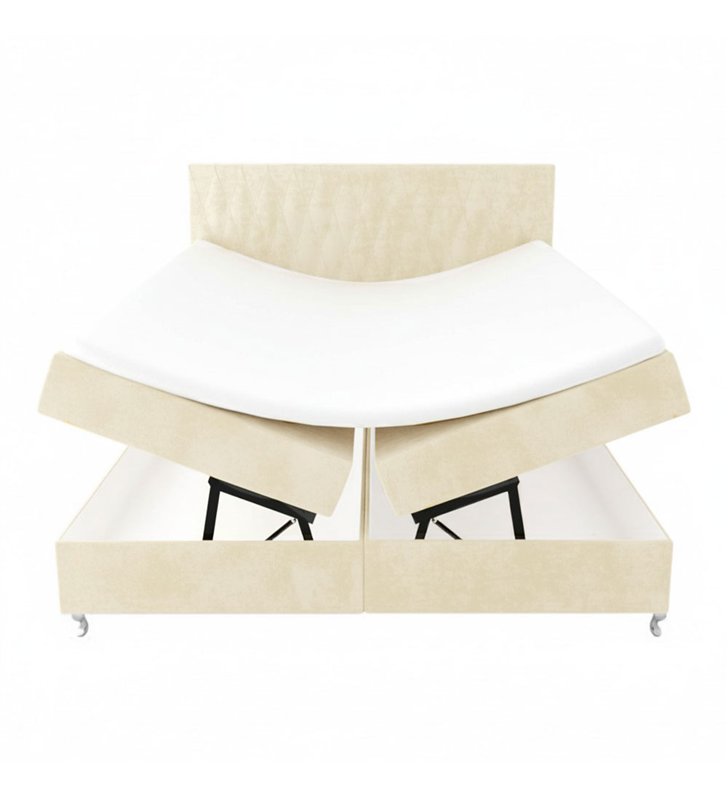 Lit Coffre KINGSTON 160x200 cm Velours Beige avec Tete de Lit – Matelas Inclus et Rangement Integre