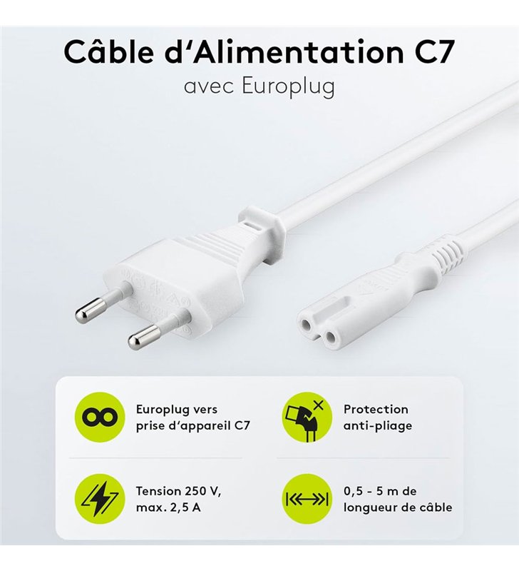 Lot 10 câbles alimentation C7 250 V - 2,5 A max - cordon 1,5 m avec prise Euro type C