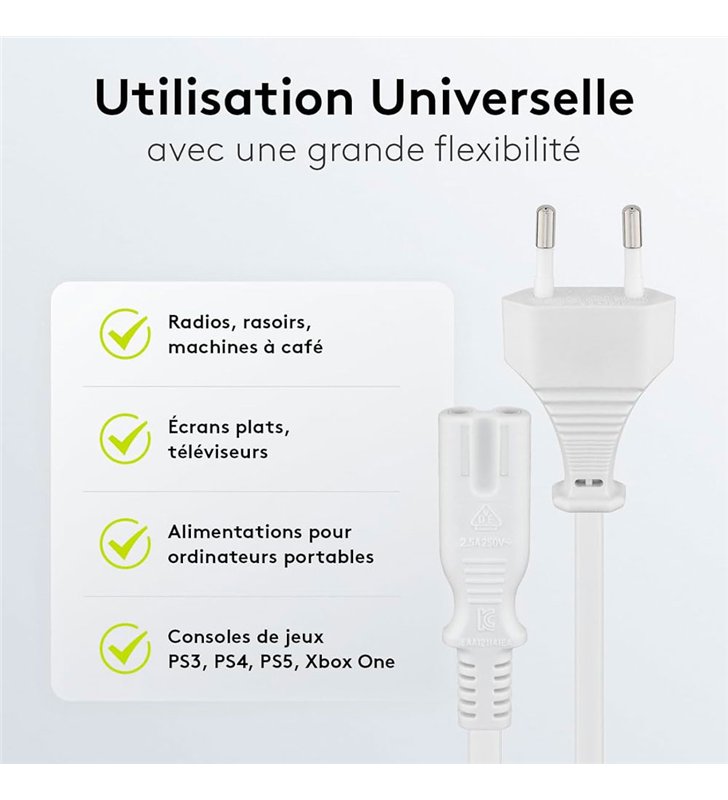 Lot 10 câbles alimentation C7 250 V - 2,5 A max - cordon 1,5 m avec prise Euro type C