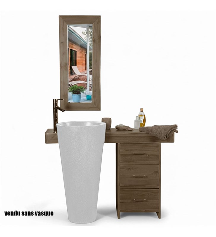 Ensemble meuble salle de bain teck 120 cm avec tiroirs et miroir compatible vasque colonne sur pied 45 x 90 cm