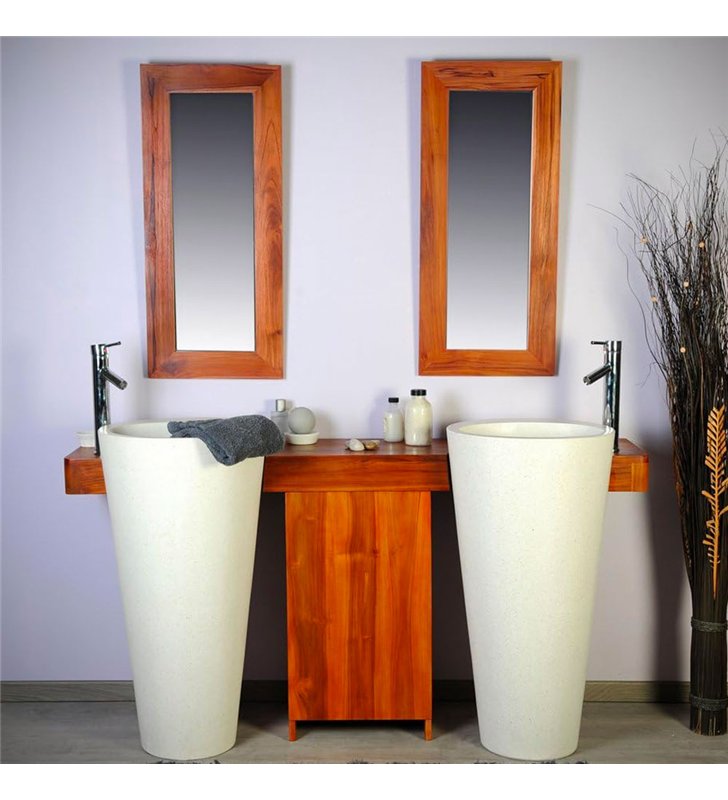 Ensemble salle de bain en teck naturel 140 cm pour double vasque colonne avec miroirs