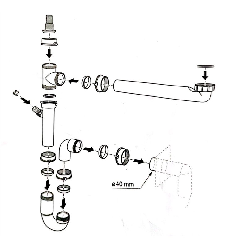 Siphon d’évier de cuisine une 1 cuve avec tubulure gain de place et sortie filetée 40x49, FRANKE