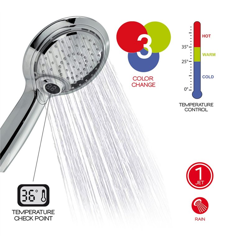 Douchette LED 1 Jet Chromée ABS – Affichage Température Changement Couleur Anti-Calcaire