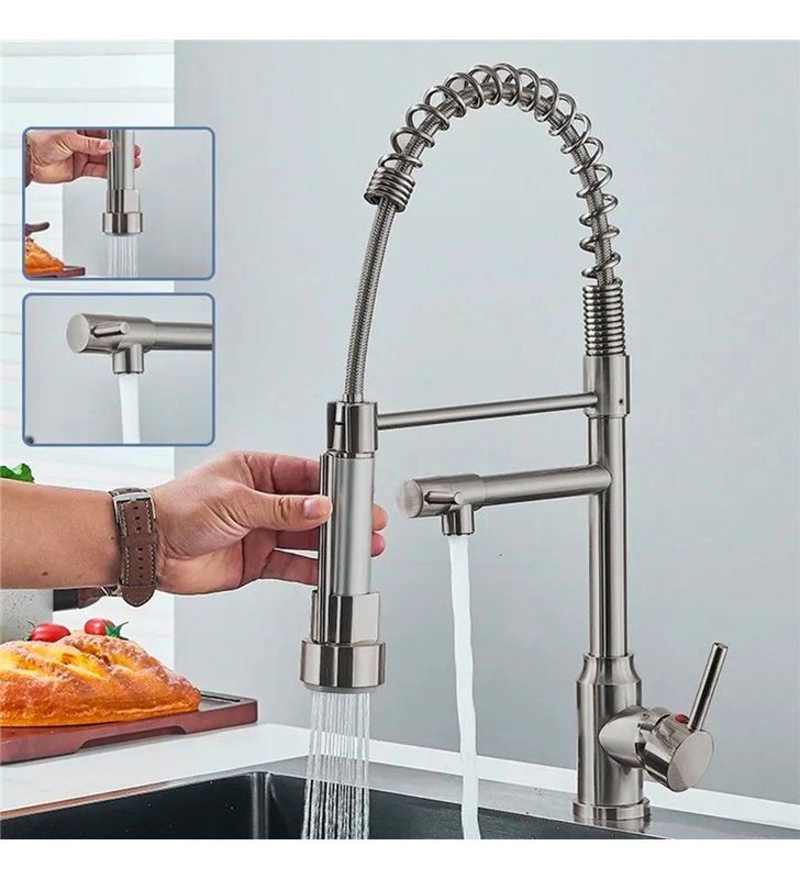 Robinet de cuisine mitigeur pour évier avec douchette extensible nickel 47 cm