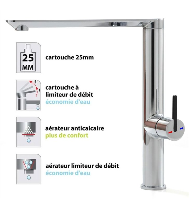 Robinet de cuisine mitigeur pour évier chromé design 28 cm avec bec mobile économie d’eau