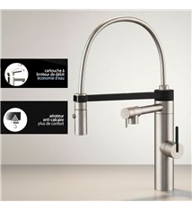 Robinet de cuisine mitigeur pour évier inox avec douchette gris et noir 44 cm avec bec mobile