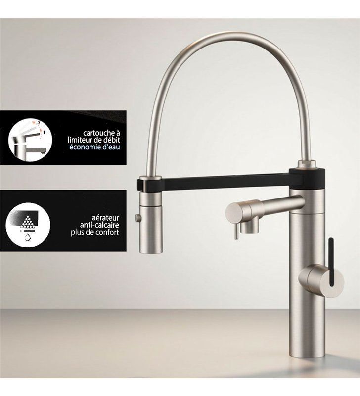 Robinet de cuisine mitigeur pour évier inox avec douchette gris et noir 44 cm avec bec mobile