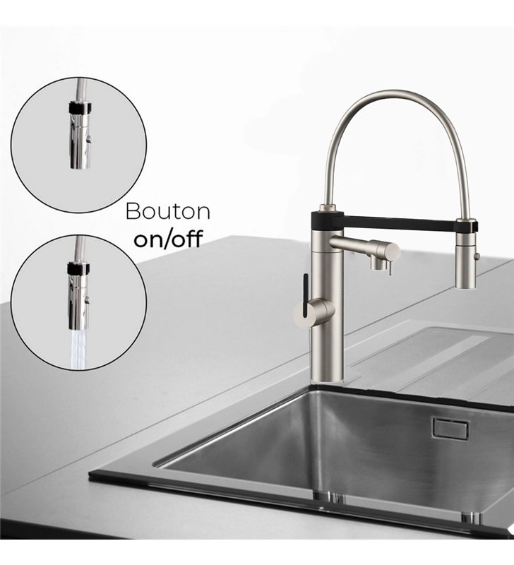 Robinet de cuisine mitigeur pour évier inox avec douchette gris et noir 44 cm avec bec mobile