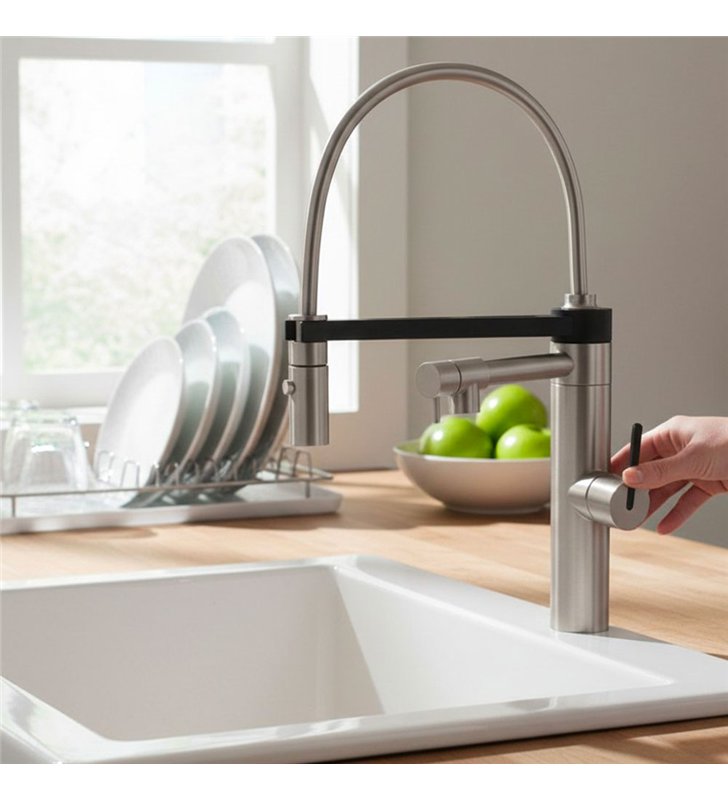 Robinet de cuisine mitigeur pour évier inox avec douchette gris et noir 44 cm avec bec mobile