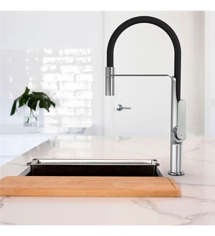 Robinet de cuisine mitigeur pour évier avec douchette mobile gris et noir chromé 46 cm