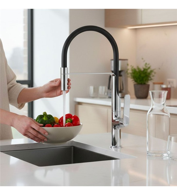 Robinet de cuisine mitigeur pour évier avec douchette mobile gris et noir chromé 46 cm