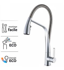 Robinet de cuisine mitigeur pour évier inox gris avec douchette 2 jets et bec mobile