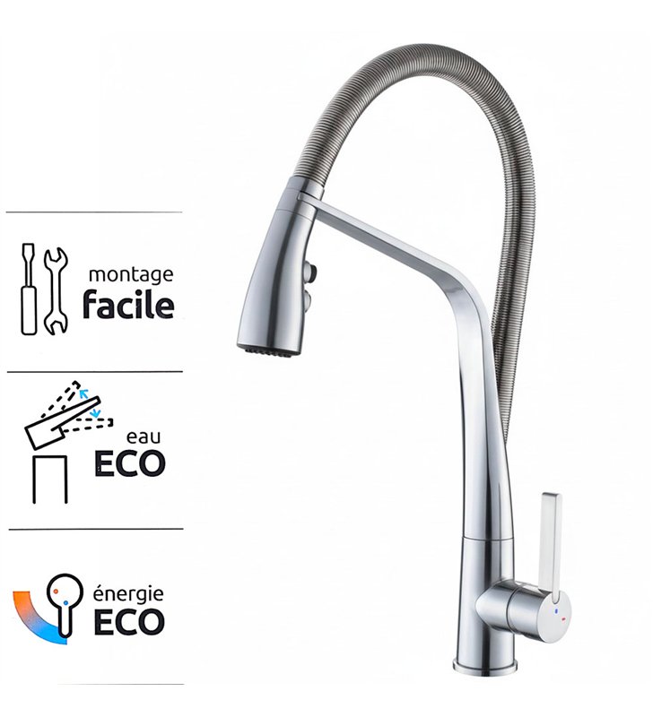 Robinet de cuisine mitigeur pour évier inox gris avec douchette 2 jets et bec mobile