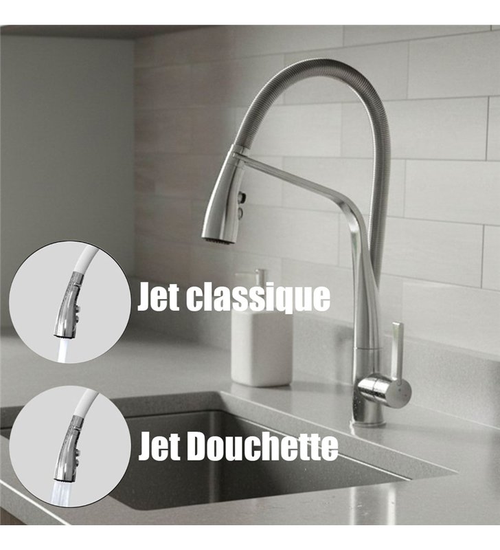 Robinet de cuisine mitigeur pour évier inox gris avec douchette 2 jets et bec mobile